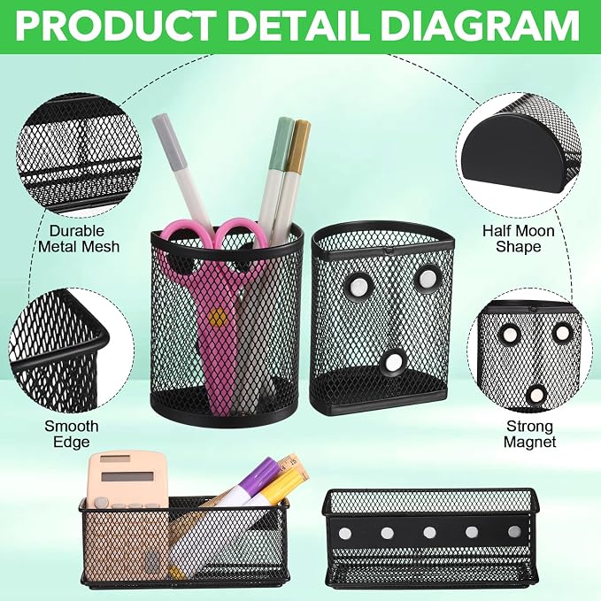 Weysat Set of 5 Magnetic Locker Accessories Mirror with 2 Magnetic Pen Holder and 2 Wire Mesh Storage Basket for Students Back to School Locker Organizer for School Office(Black)