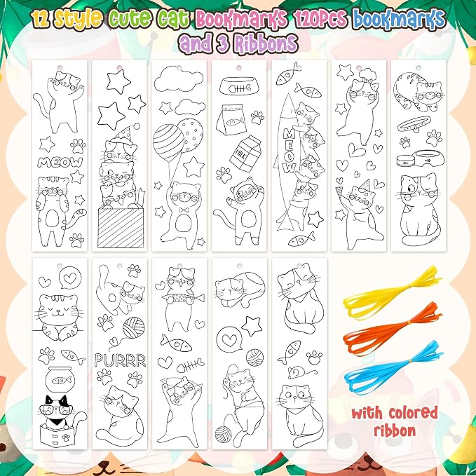 ANGOLIO Cat Coloring Bookmarks for Kids - 123Pcs DIY Blank Bookmark Set for Art Crafts, Classroom Rewards, Party Favors Creative Animal Bookmark Activity for School, Birthday Gifts, Goodie Bag Fillers