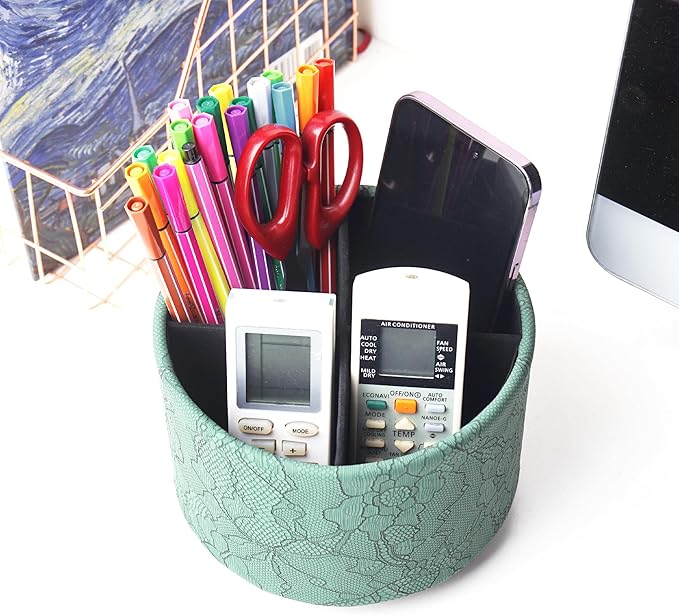 Round Leather Art Supply Organizer,Remote Control Holder,360 Degree Spinning,Multi-Functional Pencil Holder,4 Compartments Desktop Stationary Organizer(1-Lace Flower Green2)