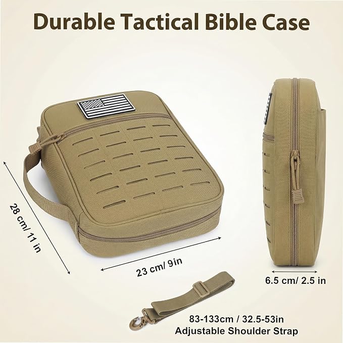 Tactical Bible Cover for Men, Large Bible Case with Shoulder Strap & US Flag Patch, Water Resistant Bible Carrier Bag with Handle, Multi Pockets for Church Study & Travel（Brown）
