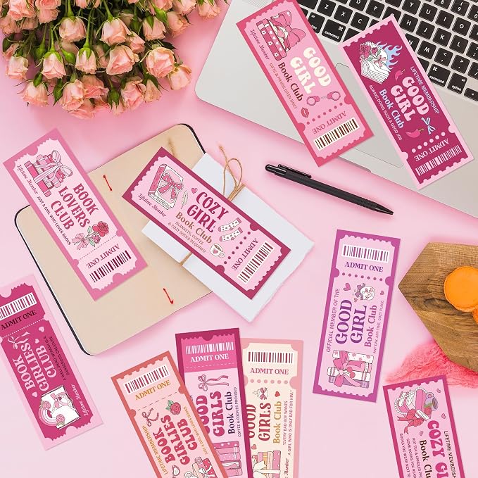 Laffact Pink Bow Reading Bookmarks - 120Pcs Cute Cozy Girl Ticket Style Book Club Gifts, Library Bookish Books Page Marker, Readers Accessories Reading Tracker for Book Lover Bookish Romance Reader