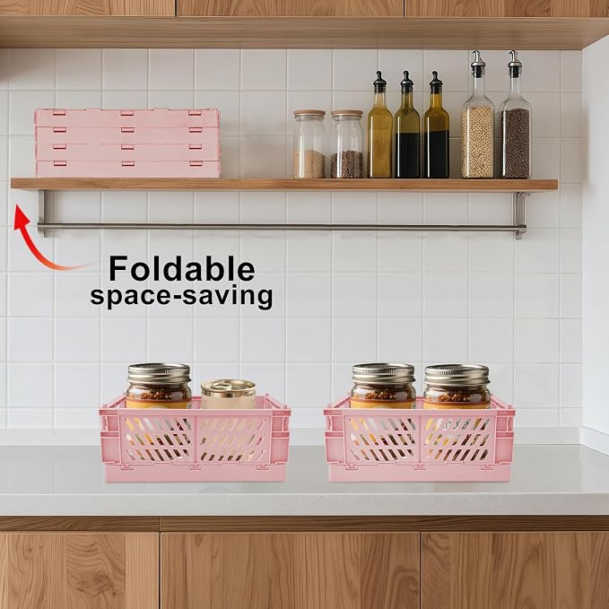 2 Pack Mini Foldable Small Plastic Baskets for Organizing and Storage，Collapsible Storage Crates,Mini Bins for Home Kitchen Bedroom Bathroom Office (Pink, Large 10x6.5x4)