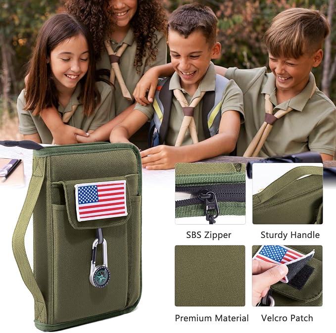 Handbook Book Cover Compatible with BoyScoouts Handbook with Amercan Flag Patch and Compass - Book Sleeve - Handbook Protector for Boys Girls
