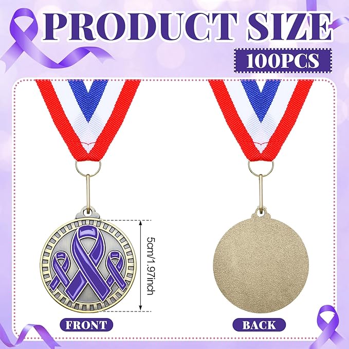 30 Pcs Ribbon Awareness Medals Breast Cancer Awareness Ribbon Gifts 2" Domestic Violence Trophy Medal with Neck Ribbons for Women Girl Charity Recognition, Survivor Movement(Purple)