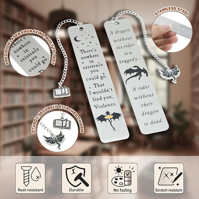 Dragon Metal Bookmarks – Set of 2 Engraved Fantasy Bookmark with Charms, Cool Bookmarks for Women and Men, Bookish Quotes Gifts for Readers, Magical Academy Book Accessories (Style 2)