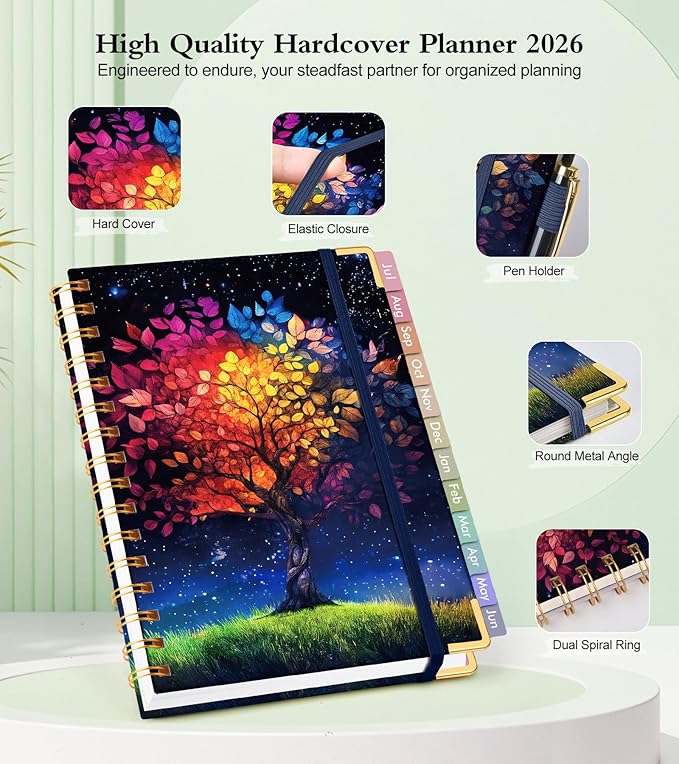 Academic Planner 2026-2027, Hardcover Weekly and Monthly Calendar Planner from July 2026 - June 2027, Daily Agenda Planners with Tabs, College School Organizer for Student Teacher, A4 (8.5" x 11"), Colorful Tree