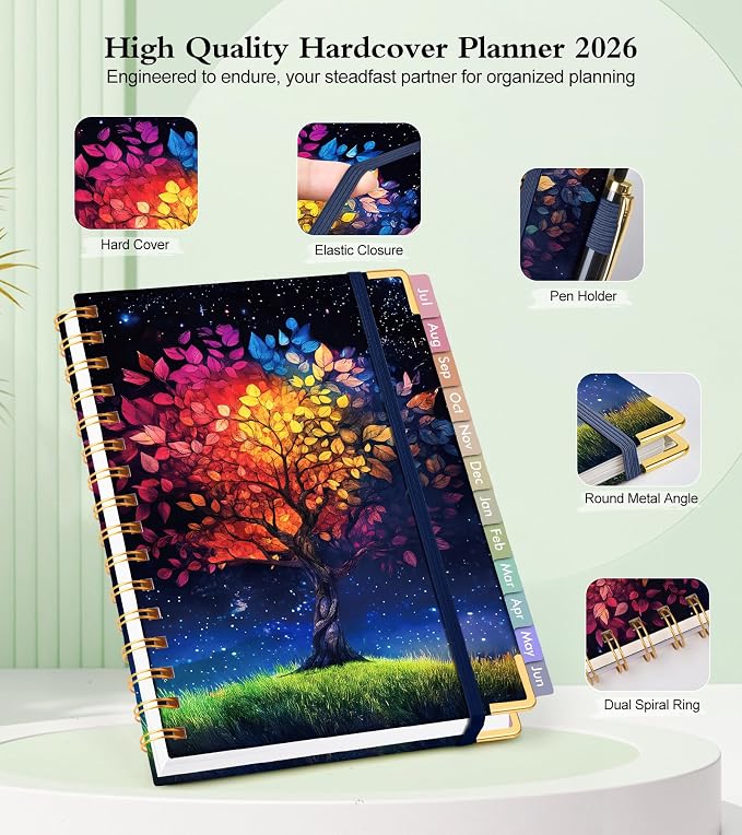 Academic Planner 2026-2027, Hardcover Weekly and Monthly Calendar Planner from July 2026 - June 2027, Daily Agenda Planners with Tabs, College School Organizer for Student Teacher, A5 (6.1" x 8.2"), Colorful Tree