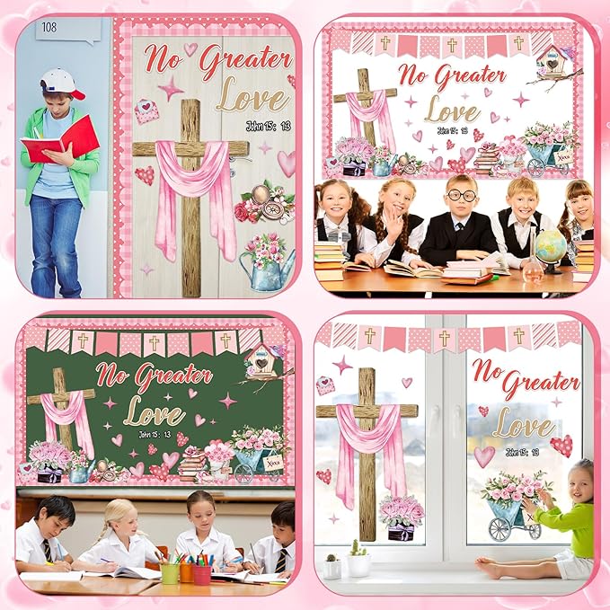 Valentine's Day Christian Bulletin Board Set Religious Bible Verse Classroom Decoration No Greater Love Heart Rose Cross Cutouts for Sunday School Church VBS Classroom Party Chalkboard Wall Decor