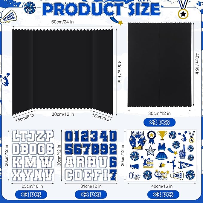 Tinlade 3 Set Cheerleading Senior Night Decorations 2026 Photo Display Board 24" x 16" Trifold Poster Board with Cheerleader Themed Stickers for Graduation Picture Frame Sport Theme Party Supplies