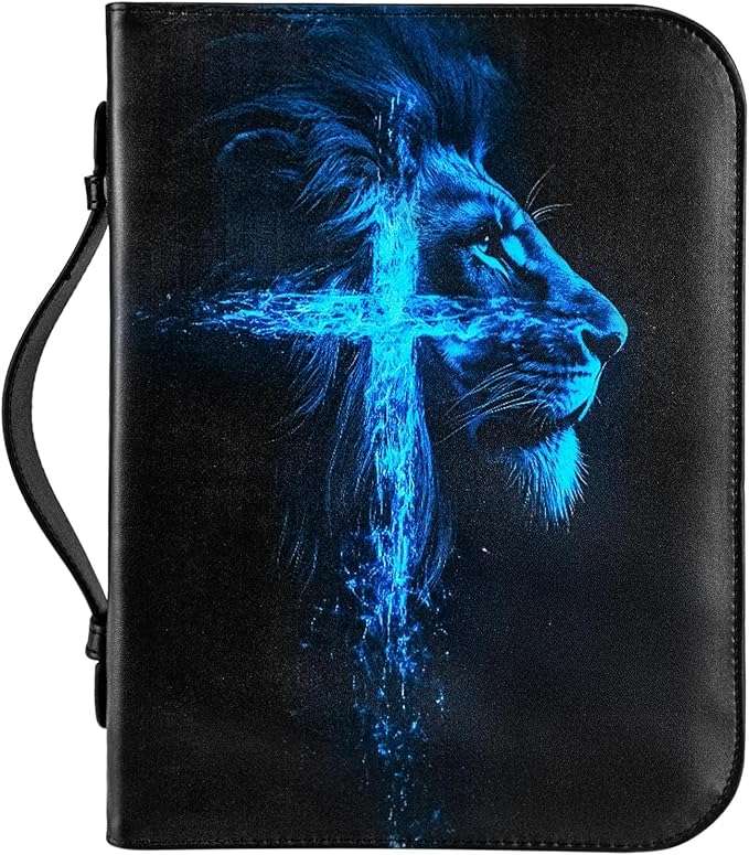 Bible Cover, Bible Carrying Book Case for Men,Protective Bible Organizer Holder Bag with Handle and Zippered Pocket, Christian Gift for Girls Boy (Blue Lion, XXL)