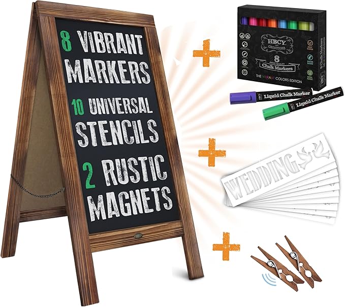 A Frame Chalkboard with Chalk Markers by HBCY Creations: 40x20 Solid Wood A-Frame Sign Gray Double-Sided Magentic Menu Board, Deluxe Set Includes 8 Chalk Markers, 10 Stencils, 2 Magnets