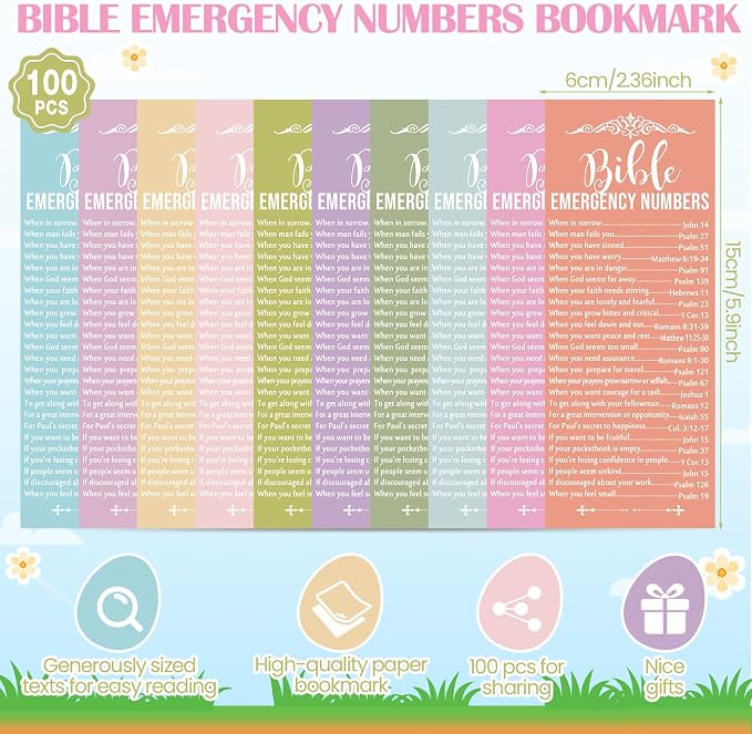 Motiskyy 100 Pcs Christian Bible Verse Emergency Numbers Bookmark Religious Church Gift 2.36 x 6'' Catholic Books of The Bible Card for Women Men Retreat Sunday School(Pastel Color)