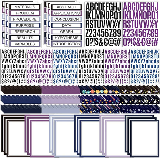 Sinload 92 Pcs Science Fair Board Supplies 60 Trim Scalloped Poster Boards 18 Presentation Subtitles 6 Project Titles 8 Letter Sticker for Classroom Display Boards (Purple,Space)