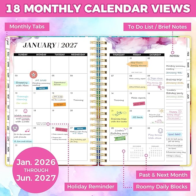 Planner 2026-2027, 18 Month Weekly and Monthly Planner, Jan. 2026 - Jun. 2027, 9" x 11.6" A4 Large Hardcover Calendar Planner with Page Tabs, Separator Page, Inner Pocket, Bookmark, Stickers, Sticky Note Set