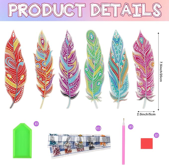 Hooqict 6Pcs 5D Diamond Art Painting Bookmarks Acrylic Diamond Art Feather Bookmark with DIY Painting Kits for Beginners Kids Adults Book Lovers Birthday Graduation Halloween Christmas Gift
