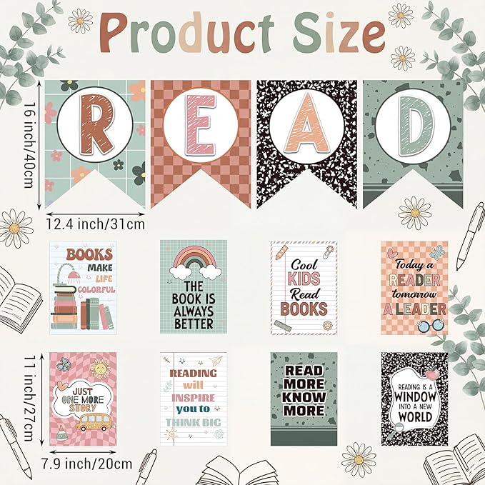 Reading Classroom Decorations Library Posters Bulletin Board Sets for Elementary Classroom Pennants Decor for Back to School Nursery Library Teacher Supplies (Classic Colors)