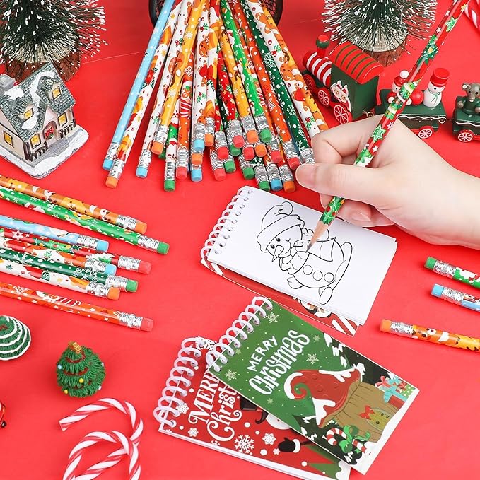 SULOLI 64 Pcs Christmas Pencils with Eraser, Xmas Themed Pencil with Santa Claus, Elk, Christmas Tree and Snowflake for Children Christmas Party Supplies(8 Styles)