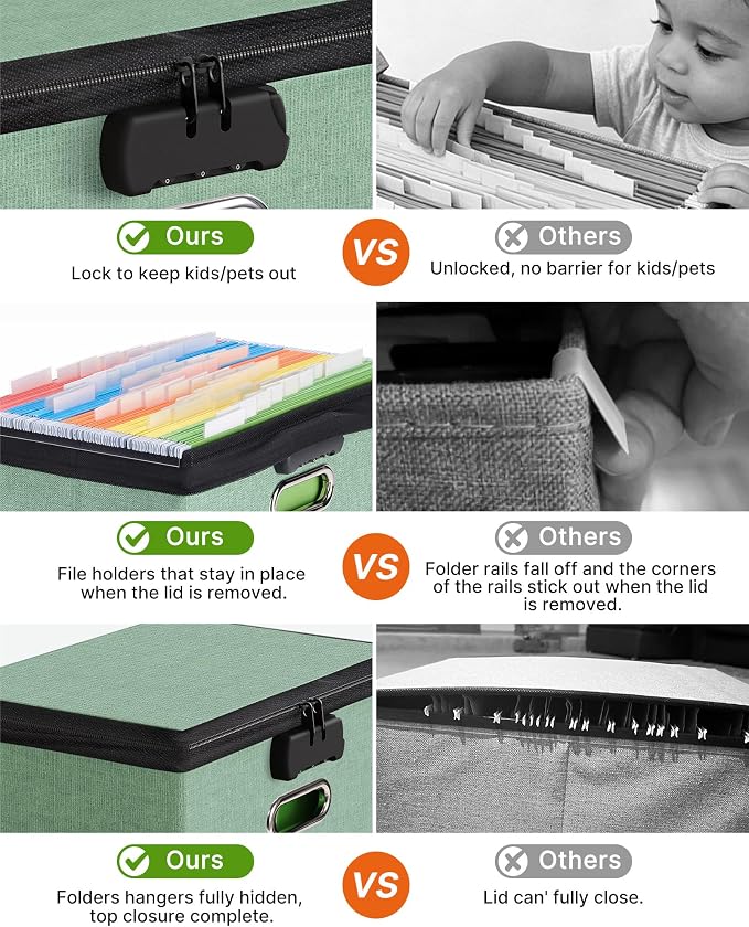 Oterri File Organizer Boxes with Lids, File Box with Mesh Pockets for Letter Size Folders, Lockable Zippers Filing Box for Home,Office, School (Green, Small-L-2 Pack Without Folders)