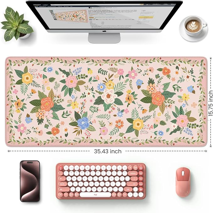 HAOCOO Large Pink Mouse Pad, Waterproof Cute Keyboard Mat, Non-Slip Desk Mat for Cubicle, 35.4" x 15.7" Desktop Mat with Stitched Edges, Girly Desk Organizers & Accessories for Women