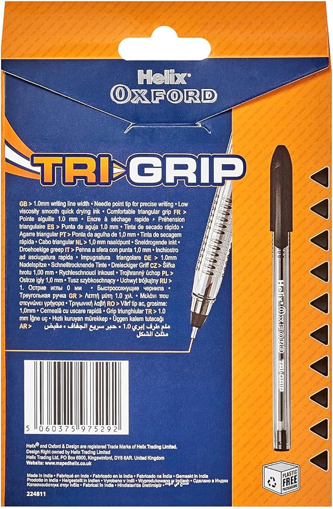 Helix Oxford Tri-Grip Ballpoint Pens (x10 Pack Black Ink) with Plastic Free Packaging