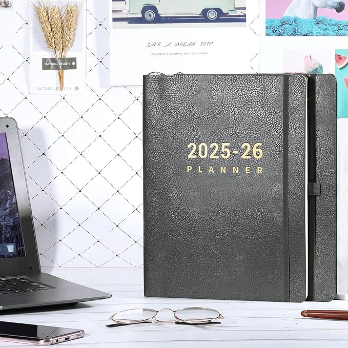 2025-2026 Planner - July 2025 - June 2026, Planner 2025-2026 Daily Weekly and Monthly, 8.5" x 11", Pen Holder, Calendar Stickers, Pocket, 25 Notes Pages, Faux Leather Cover, A4 Premium Paper -Gray