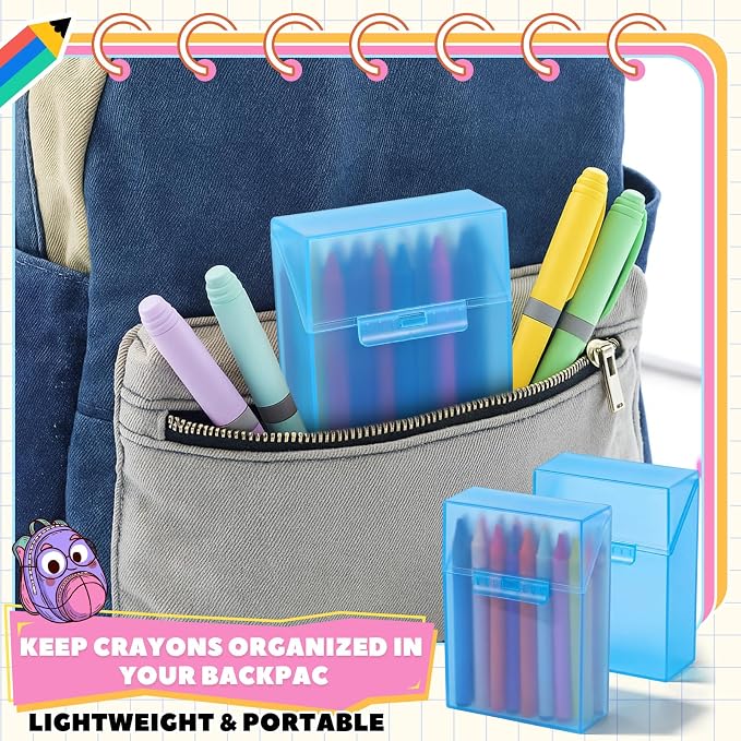 Clabby 2 Pcs Plastic Crayon Organizer Case for 24 Count Crayons Kids Art Supply Storage Box with Lid, Portable Holder for Classroom Home Travel, Fits Standard 24-Pack Crayon (Blue)