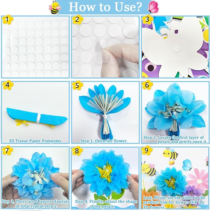 109 PCS Spring Bulletin Board Decorations Set Spring Flower Kite Cutouts with 3D Tissue Paper Pompoms Back to School Classroom Decor Colorful Floral Butterfly Decor for School Office Home Wall Supply
