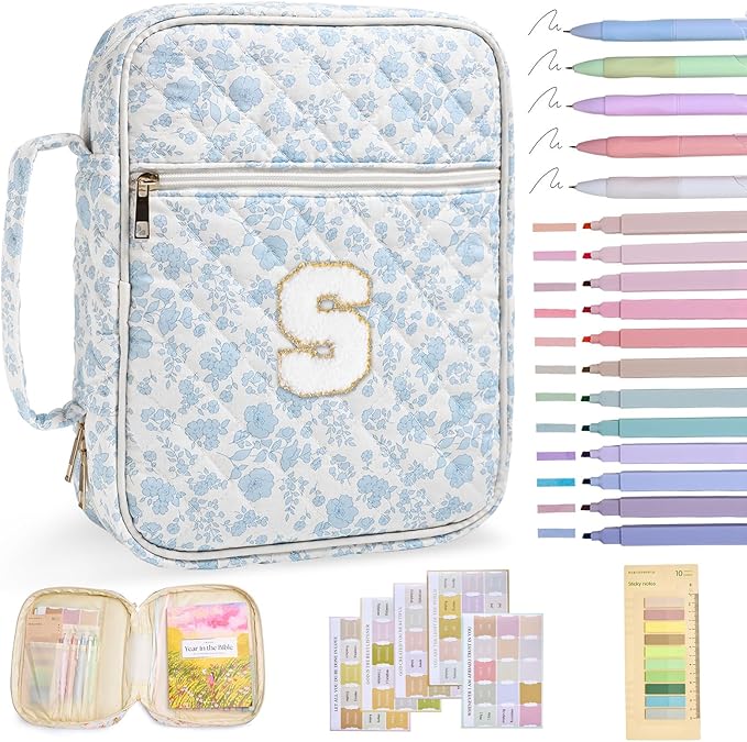 Initial Bible Cover Case for Women Girls Kid Large Bible Cover with Durable Handle Quilted Bible Carrying Case for Girls Bible Study Supplies Accessories (Blue Flower S, one Size)