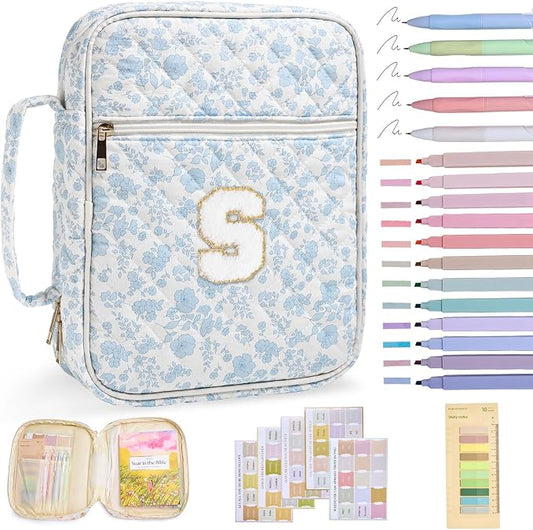 Initial Bible Cover Case for Women Girls Kid Large Bible Cover with Durable Handle Quilted Bible Carrying Case for Girls Bible Study Supplies Accessories (Blue Flower S, one Size)