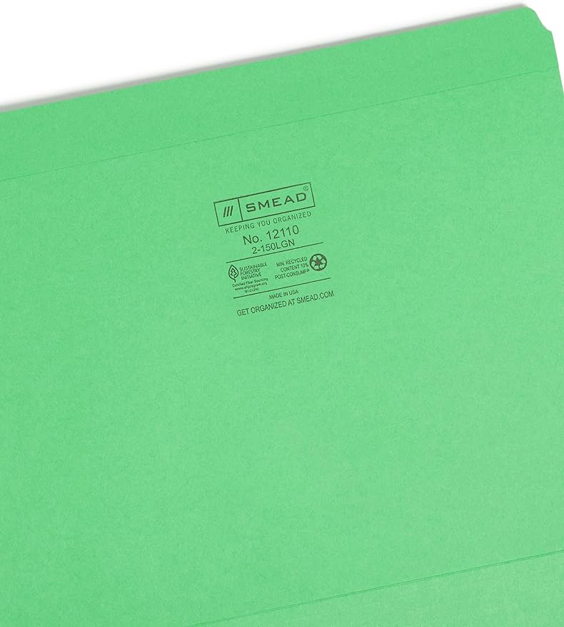 Smead File Folder, Reinforced Straight-Cut Tab, Letter Size, Green, 100 per Box (12110)