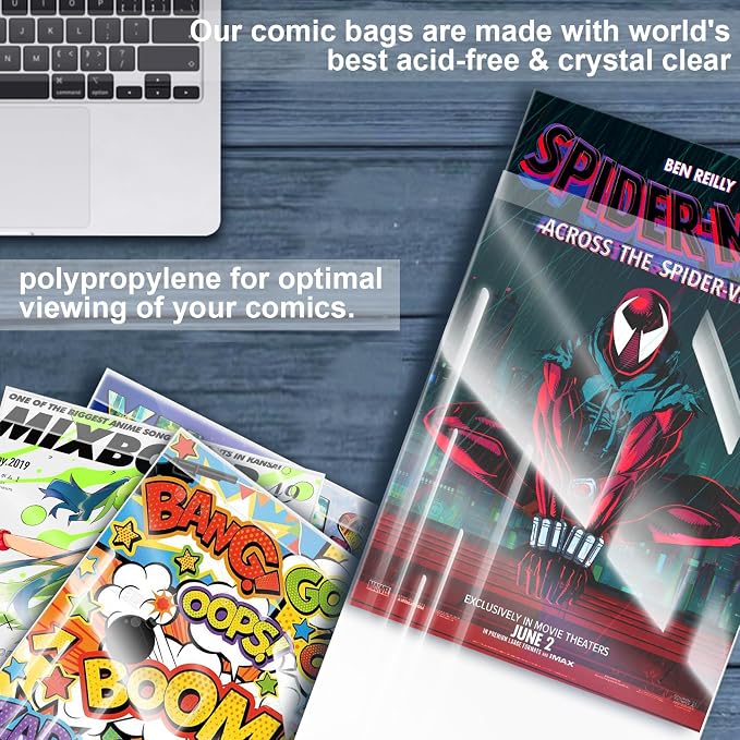 Comic Book Sleeves, Upgrade Polypropylene(PP) Acid-Free Materials,Resealable Crystal Clear Comic Book Storage Boards Bags,20% Thicker Better Comic Collection Display,7.625 x 10.5 Inch,100-Count