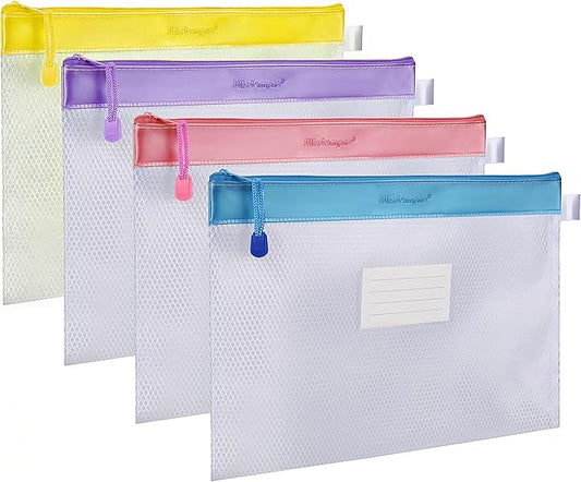 Wisdompro Zipper Pouch, 4 Packs Durable Letter Size Waterproof Mesh File Bag, Document Organizer - Blue/Purple/Yellow/Pink