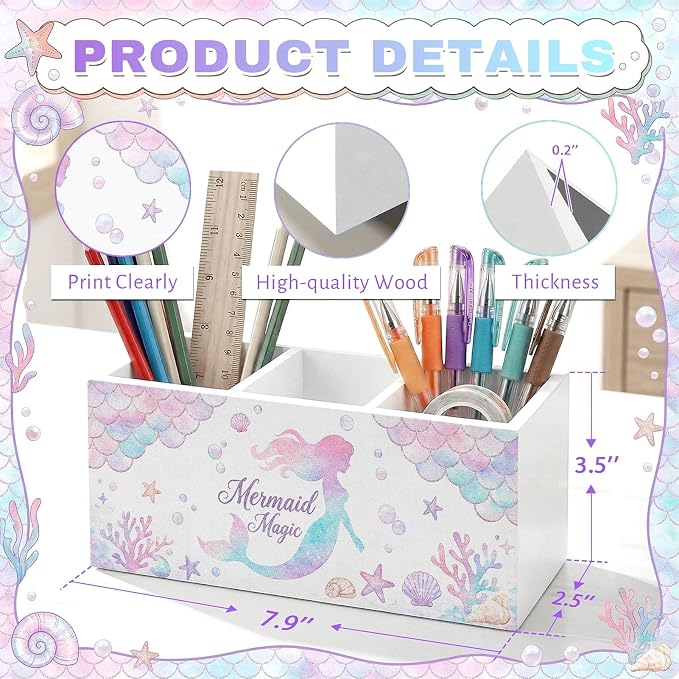 Mermaid Pen Pencil Holder for Office Desk Mermaid Office Decor Gift for Girls Wooden Pink Ocean Organizer Desktop Decor Coastal Makeup Brush Toothbrush Holder for Bathroom Desk Accessories