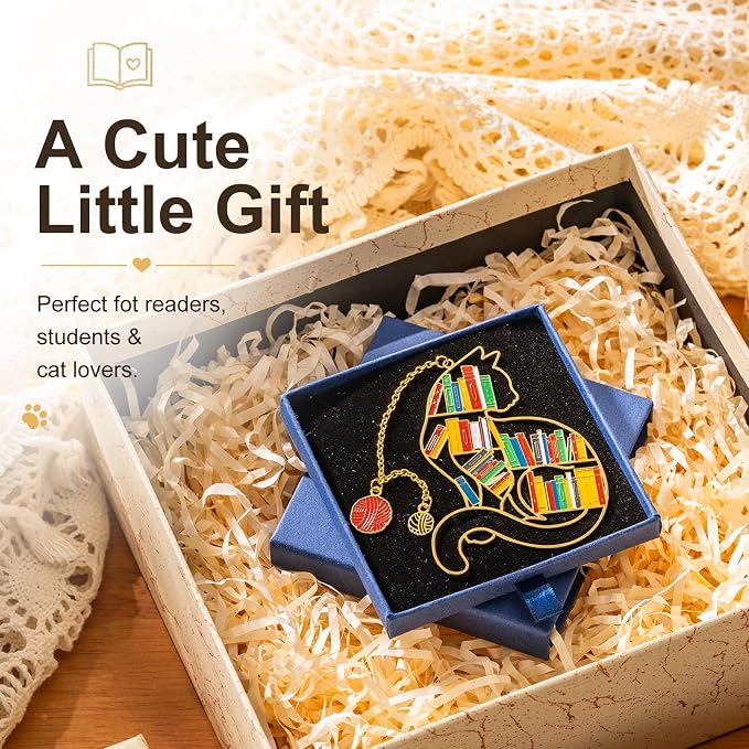 Cat Metal Bookmark with Gift Box, Cat Bookmark with Chain Pendant, Cute Bookmark for Women, Reading Enthusiasts, Book Lovers Gift