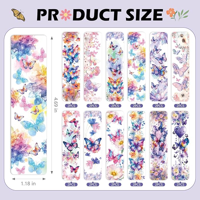 AFRITEE UV DTF Bookmark Wraps - 24 Sheets Colorful Butterfly Flowers UV DTF Stickers for Blanks Bookmark Decor, Blue Butterfly Double-Sided Waterproof Transfer Sticker Decals Decor Gift for Women