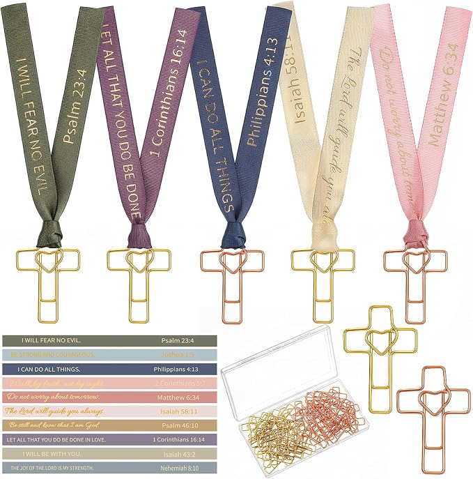 Resurhang 80 Pack Heart Cross Paper Clips with Ribbons 40 Gold, Rose Gold Bible Paper Clips 40 Christian Bookmark Ribbons Bible Study Journaling Supplies Easter Eggs Fillers Women Christian Gifts