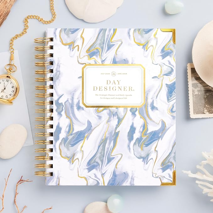 Day Designer Mini Daily Academic Year Planner Calendar, July - June, Glossy Laminated Cover, Wirebound, Laminated Tabs, Storage Pocket, Includes Stickers & Snap-In Ruler, Azure (Azure- 2025/2026, 7.4" x 9.5")