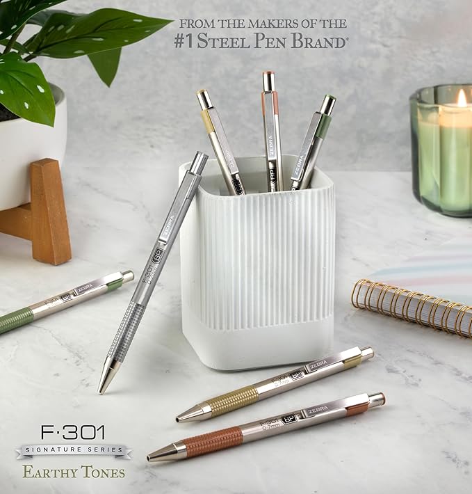 Zebra Pen F-301 Signature Series Retractable Ballpoint Pen, 0.7mm, Black Easy-Glide Ink, Stainless-Steel Barrel, Pewter Earth Tone Accents, Ideal for Office, Journal and Planner Use, 4-Pack (27214)