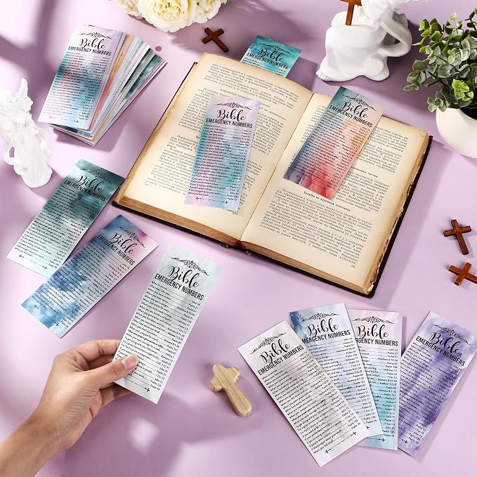 Motiskyy 200 Set Christian Bible Verse Gifts Bulk Emergency Numbers Bookmarks Religious Scripture Church Welcome Card for Father's Day Sunday School Coworker Staff (Sunset Color)