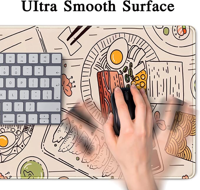 Japanese Ramen Sushi Food Desk Mat Beige XL Mouse Pad Large Full Desk Mousepad Gaming Extended Keyboard Mouse Mat Desk Pad for Computer Laptop 31.5''X15.7'' Non-Slip Rubber Base with Stitched Edges