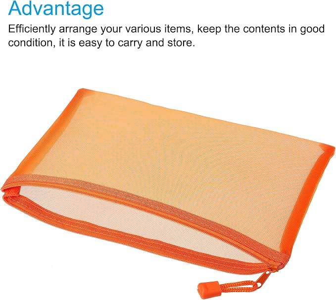 MECCANIXITY Mesh Zipper Bags, A5 Nylon Zip Pouch Pencil Case Storage Pockets for Travel Office Accessories, Orange Pack of 6