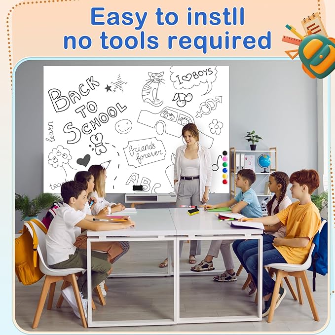 Pasimy Magnetic Dry Erase Board Whiteboard Paper 48" x 60" Large Self Adhesive Whiteboard Sticker for Wall Easy to Write Clean with 4 Markers 2 Eraser 6 Pin Magnets for Office Kids Home Fridge