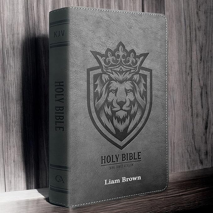 Custom KJV Holy Bible with Personalized Name Silver Imprint | Gray Faux Leather King James Version | Lion Emblem Cover | Silver Gilded Pages | Gift Bible for Religious Occasions | Small 8pt Text