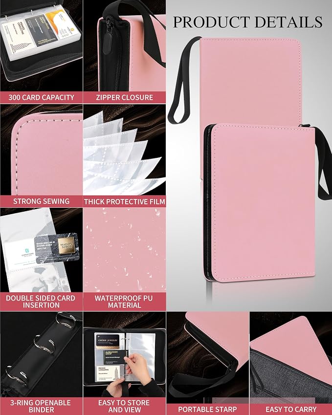 Leather Business Card Book Holder Organizer, Professional Name Card Book Holder with 300 Card Capacity, Portable PU Credit Card Binder File Sleeve Storage for Men Women,50 Pack Sleeves Zipper Closure