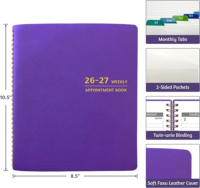 Appointment Book 2026-2027 - Appointment Planner with Weekly ＆ Monthly Spread, Jul 2026 - Jun 2027, 8.5’’ x 10.5’’, Large, 15 Minute Increments, 2026-2027 Daily Planner with Pockets, Tabs, thick paper