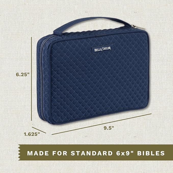 Bella Taylor Small Bible Cover for Women - Quilted Cotton Bible Case for 6 x 9 inch Books - Solid Navy