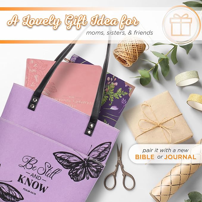 Christian Art Gifts Felt and Faux Leather Fashion Butterfly Cover Tote Bag for Women: Be Still and Know - Psalm 46:10 Inspirational Bible Verse, Purple & Black Durable Tote Bag for Books and Supplies