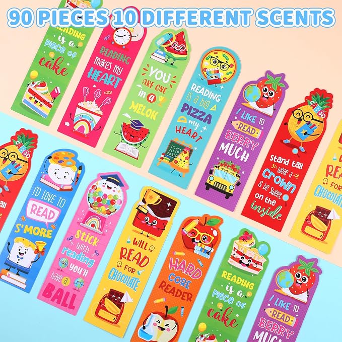 Eersida 90 Pieces Back to School Scented Bookmarks Fruit Food Theme Sayings Bookmarks Sayings Assorted Cute Scented Gifts for Learning Reading Rewards Food Lovers, 10 Styles