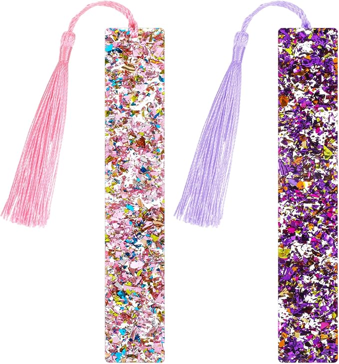 2 Pcs Glitter Bookmarks with Tassels Resin Bookmarks for Girls Kids Book Marks for Reading Purple Pink Tassel Bookmark for Girls Women Book Lover Reading Presents