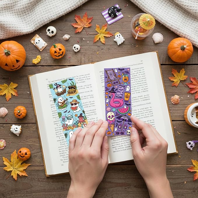 Summer Halloween Ghost Bookmarks Bulk - 240pcs Spooky Gothic Book Marks, Cute Cartoon Ice Cream Watermelon Double-Sided Tracker Bookmark Bookish Items for Book Club Lovers Reading Gifts